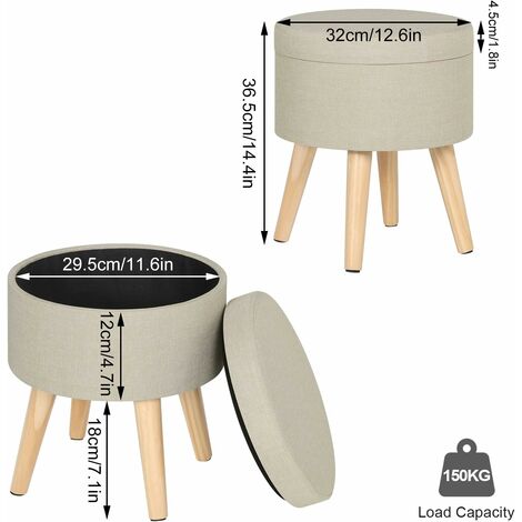WOLTU Taburete Redondo Puff Caja de Almacenamiento Taburete de Almacenamiento Asiento para Dormitorio Tapa Extraíble Asiento de Lino/Terciopelo con Patas Madera Maciza (Crema Lino)