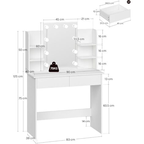 WOLTU Tocador de Maquillaje con Espejo y 10 Bombillas LED Luz Regulable Mesa de Tocador con 2 Cajones Grandes y 4 Estantes Estilo Moderno para Dormitorio 90x40x135cm Blanco