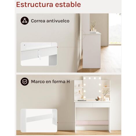 WOLTU Tocador de Maquillaje con Espejo y 10 Bombillas LED Luz Regulable Mesa de Tocador con 2 Cajones Grandes y 4 Estantes Estilo Moderno para Dormitorio 90x40x135cm Blanco
