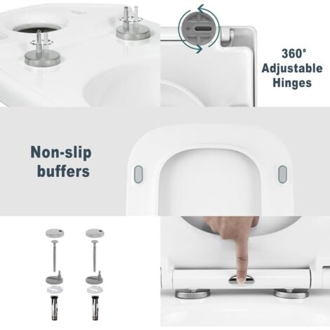 WOLTU Tapa de Inodoro con Cierre Suave Asiento de Inodoro UF Antibacteriana Tapa WC Universal con Liberacion Rápida para Limpieza Fácil con Bisagras Ajustables Cuadrado blanco