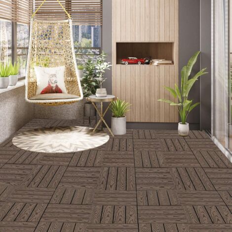 WOLTU Suelo de WPC Set de 11 Baldosas de Madera Exterior para Porche Patios Jardin 30 x 30 cm 1m² Suelo de Exterior Compuesta Azulejos para Terraza Jardin Marrone