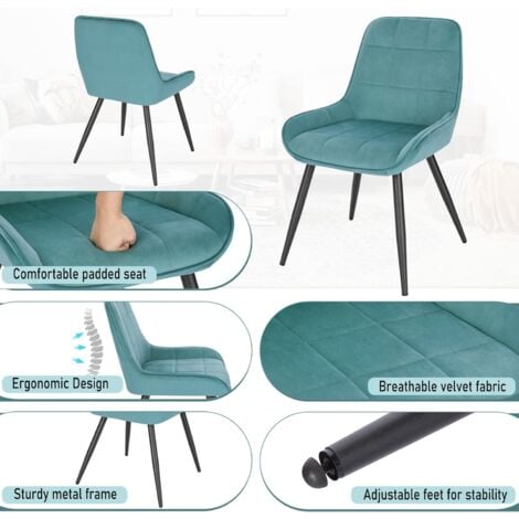 WOLTU 4X Sillas de Comedor Silla Ergonómica con Respaldo Silla de Terciopelo en Estructura Metal Sillas para Dormitorio Salón Comedor y Cocina Turquesa