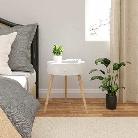 Mesita de noche moderna para dormitorio, Mesita de noche con 1 cajón y  pies, 40x38h53 cm, Color Blanco y Roble