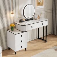 WOLTU Estación de Maquillaje, Tocador con 5 Cajones, con Luces Regulables, Espejo Grande, para Dormitorio, Estilo Moderno, Blanco+Negro