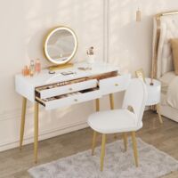 WOLTU Tocador de Maquillaje con Taburete y Espejo LED. Estación de maquillaje con luces ajustables. 3 cajones. Silla de Terciopelo con Respaldo. en Madera y Metal. Blanco + Crema + Oro