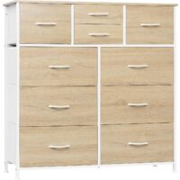 WOLTU Cómoda con 10 cajones, cómoda de tela, estructura de metal, madera de ingeniería E1, roble claro + blanco