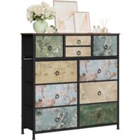 WOLTU Cómoda con 10 cajones, cómoda de tela, estructura de metal, madera de ingeniería E1, marrón rústico + negro + diseño floral retro