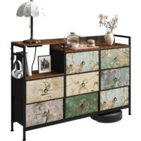 WOLTU Cómoda de tela de 3 niveles con 8 cajones en marrón rústico y negro con estampado de flores retro