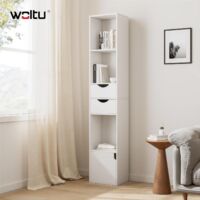 WOLTU Estantería para Libros de Pie Librería Vertical con 3 Compartimentos Abiertos 2 Cajones y 1 Armario Libreria Blanca de Almacenaje para Oficina Salón Dormitorio Cocina Blanco