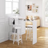 WOLTU 1 Mesa de Bar + 2 Taburete de Bar Mesa de Bistro Sillas y Mesa de Comedor con 3 Estantes Giratoria Estructura de Metal MDF 134x38x112cm (WxDxH) Blanco