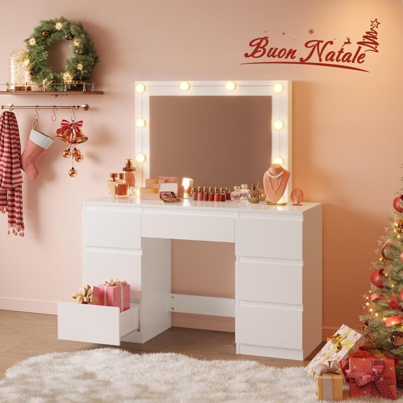 MIRROTOWEL Scrivania Toeletta Con Specchio E Luci LED - Cassettiera 3 Livelli, 3 Modalità Luce Regolabili, Legno Ecologico - 4