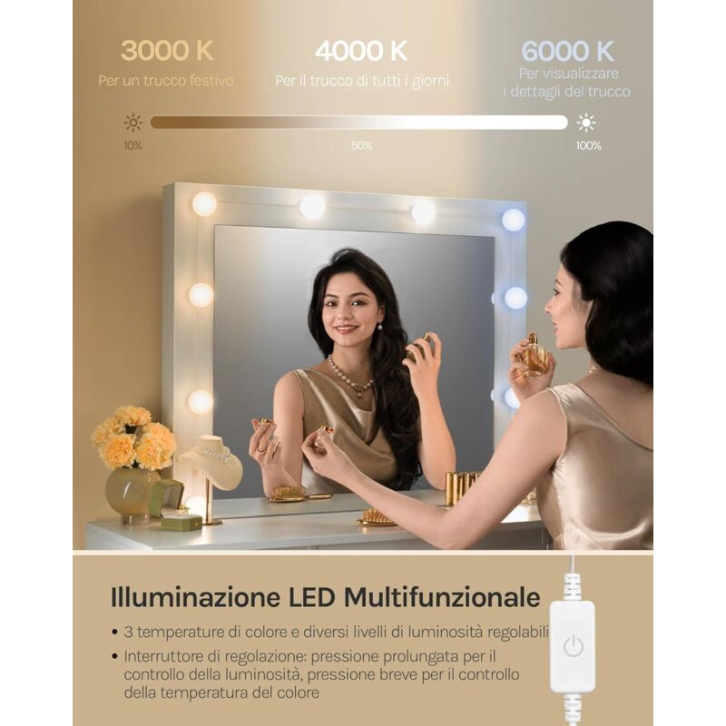 MIRROTOWEL Scrivania Toeletta Con Specchio E Luci LED - Cassettiera 3 Livelli, 3 Modalità Luce Regolabili, Legno Ecologico - 5