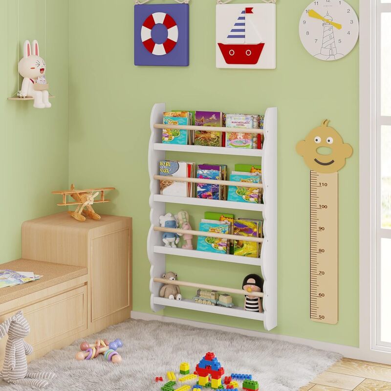 Libreria Da Parete Per Bambini In Pino Massiccio - 3 Mensole Galleggianti 40 Cm Bianco - Porta Libri Giocattoli - 2