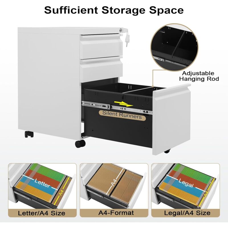 Cassettiera Ufficio A 3 Cassetti Con Ruote | Metallica Con Chiave | Nero