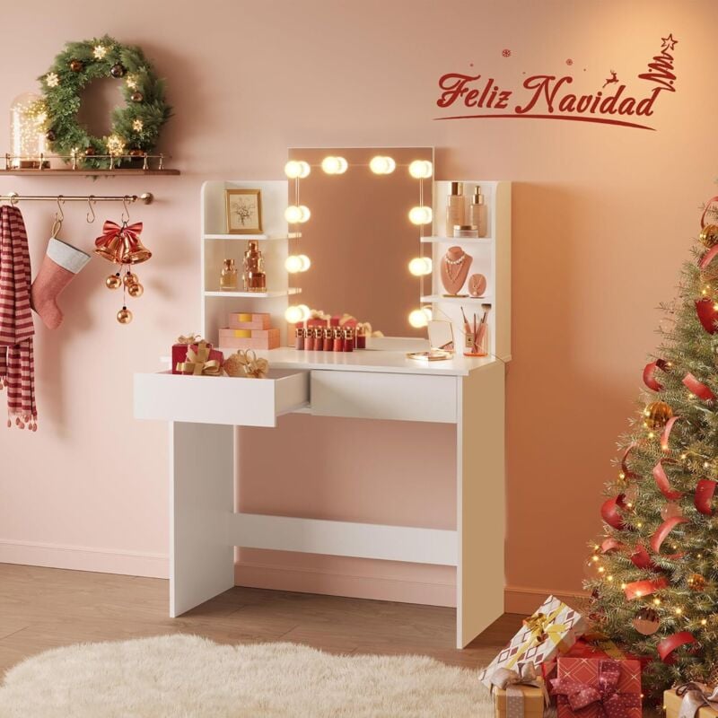 Toeletta Da Trucco Con Luci LED Hollywood - Cassetto, Mensole, USB E Presa, Bianco Moderno - Foto 11