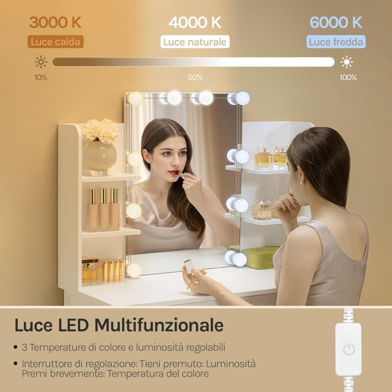 Toeletta Da Trucco WOLTU Con Luci LED - Specchio Hollywood 10 Luci | Tavolo Make-up Con Mensole E Cassetti - Foto 8