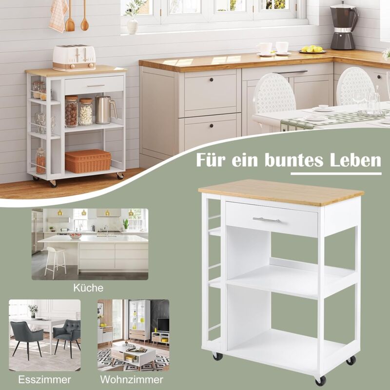 Carrello Portaoggetti Multifunzione Heikoeco 3/5 Ripiani Su Ruote - Metallo, Manico In Legno - Per Cucina, Bagno, Ufficio