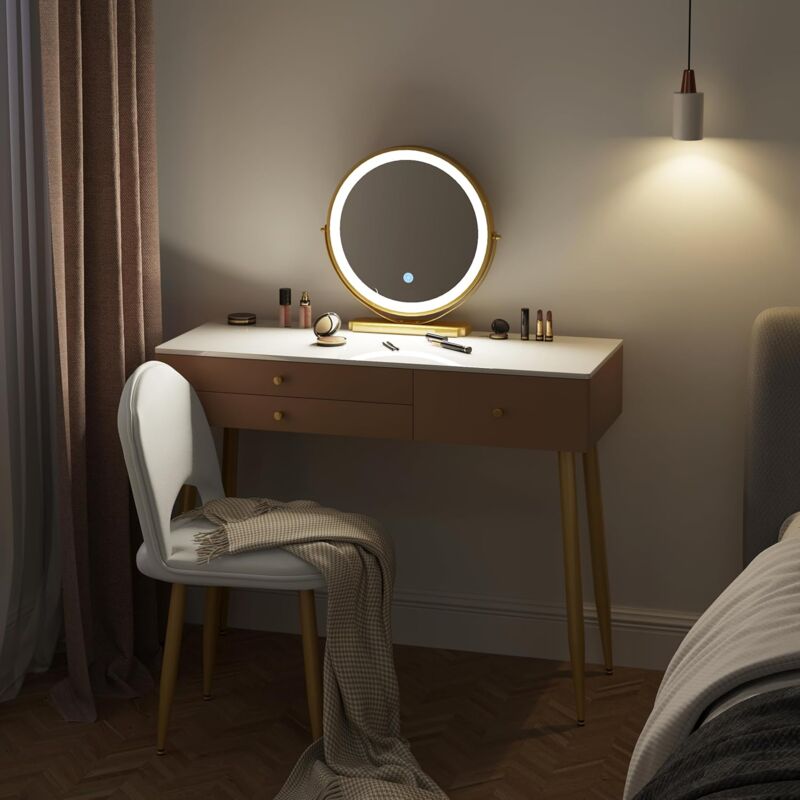 Toeletta Da Trucco Con Luci LED E Sedia - Postazione Makeup Con 3 Cassetti, Bianco E Oro - Foto 3