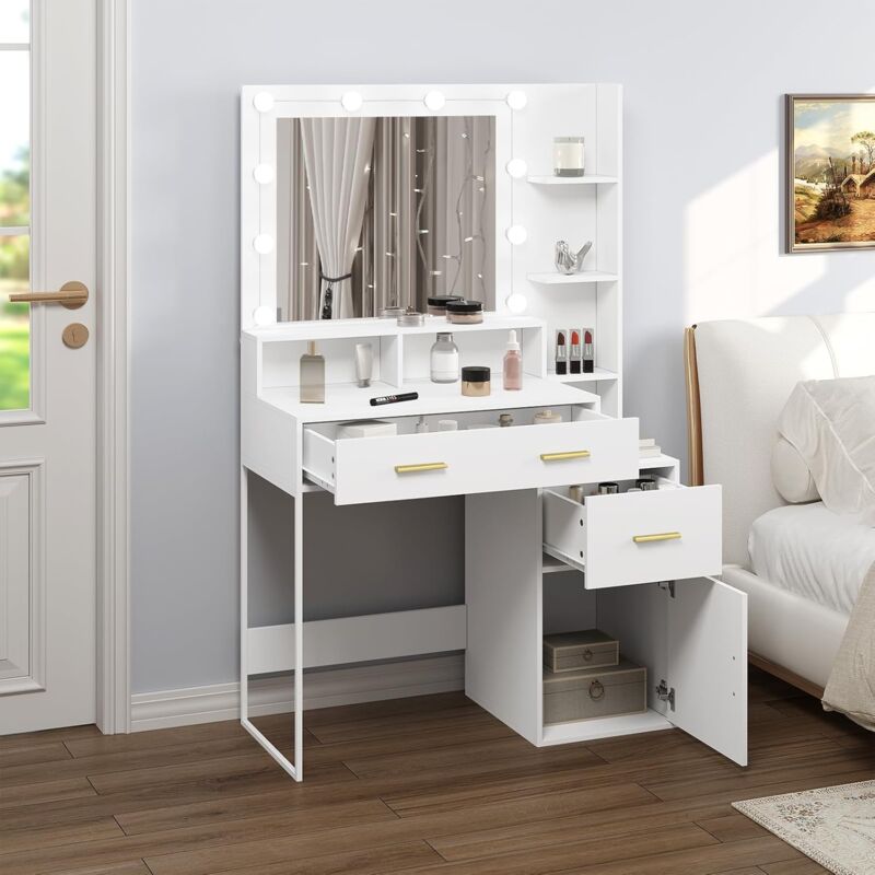 GarveeHome Scrivania Toeletta Con Specchio LED E Sedia - Set Da Trucco Con Cassetti E Stazione Di Ricarica