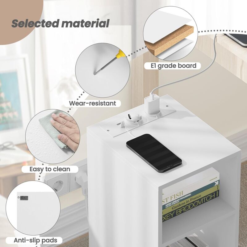 Comodino Bianco Con Stazione Di Ricarica USB E Cassetto In Tessuto – Tavolino 3 Livelli Per Camera Da Letto, Soggiorno O Dormitorio