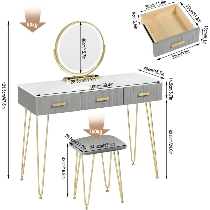 WOLTU Toeletta da Trucco con Sgabello e Specchio LED, Postazione