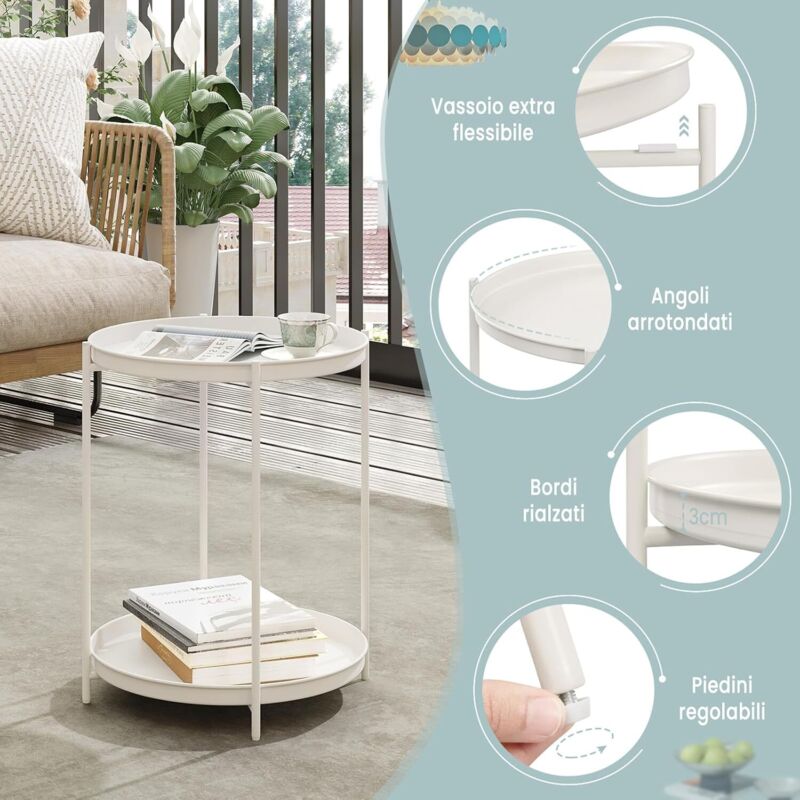 Tavolino Rotondo Bianco Con 2 Ripiani E 3 Gambe In Legno – Stile Scandinavo, Per Soggiorno, Camera, Balcone, 40 Cm