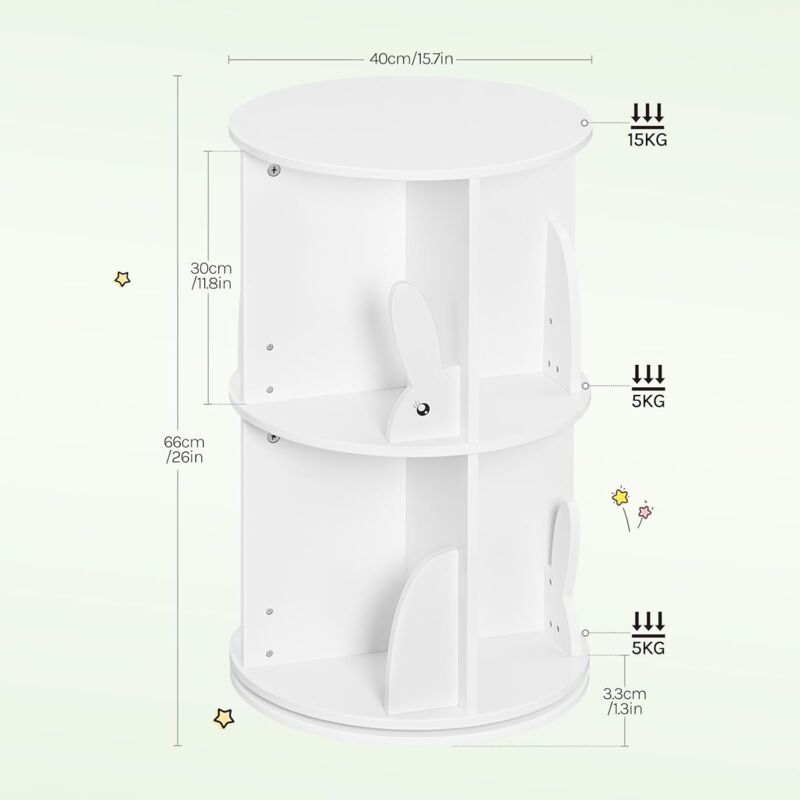 Libreria Girevole A 360° Con 2 Ripiani - Bianco, Per Libri E Oggetti - Foto 5