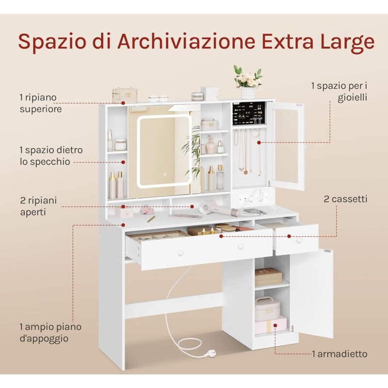 Ereousa Toeletta Trucco con Specchio, Postazione Make Up Robusta con Luci Dimmerabili e Guida Video, Ampia Scrivania Trucco con 7 Cassetti e 6 Ripiani, Bianco, 40×100×140 cm, H1903
