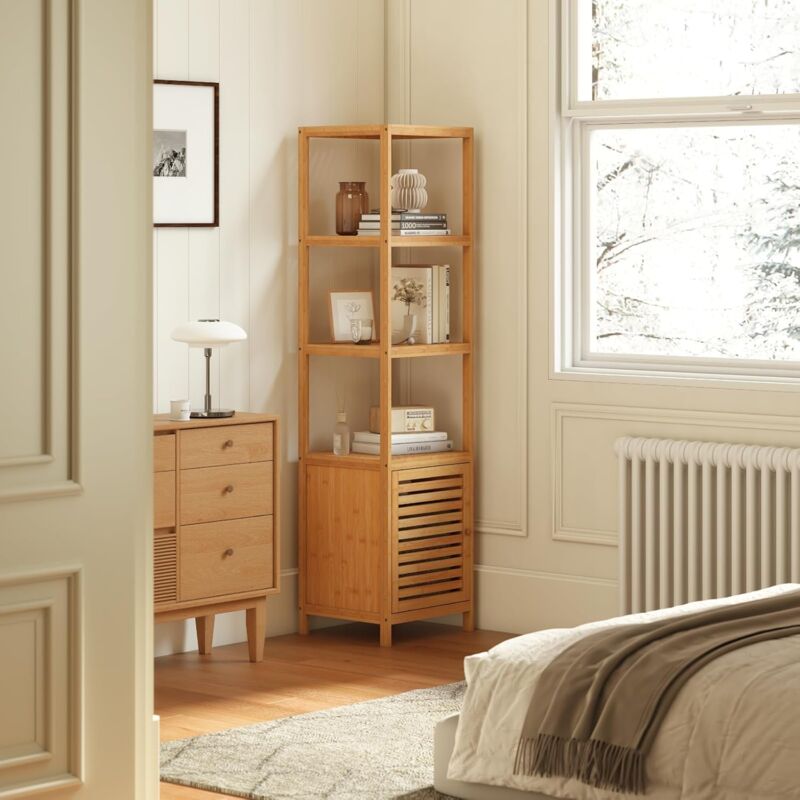 Armadio Da Bagno O Cucina Soges In Bambù, 100x33x87 Cm, 3 Ripiani E Ante, Design Separabile, Naturale - 2