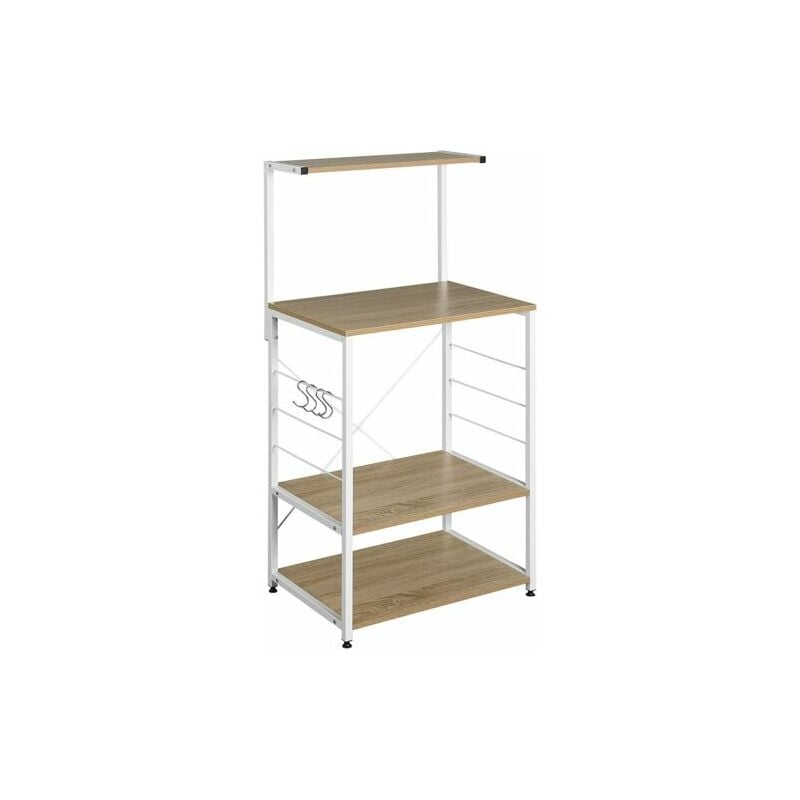 WOLTU Scaffale per Cucina in Acciaio Legno 4 Ripiani Ganci Carrello  Microonde Rovere Chiaro+bianco