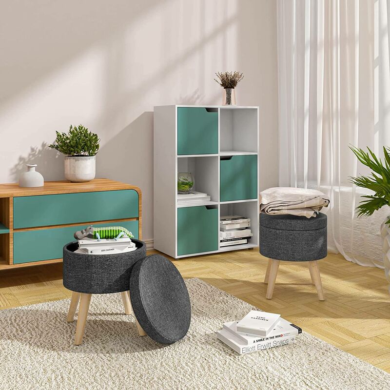 Relaxdays Pouf Contenitore Rotondo, Sgabello Poggiapiedi Imbottito Con Gambe In Legno, 45,5x37 Cm, Grigio E Marrone, Carico Max 150kg - 2