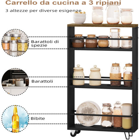 WOLTU Carrello Carrellino Slim Salvaspazio Cucina Bagno Ripostiglio a 3 Ripianie, Nero + Marrone Vintage