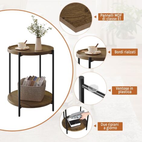 ECD GERMANY - Tavolino Rotondo 38x55 Cm Nero-naturale In Metallo-legno Tavolo A 2 Livelli