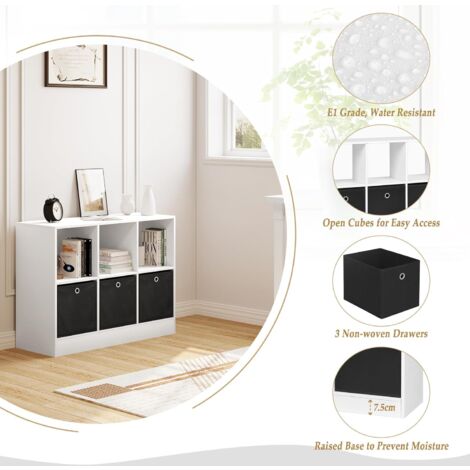 WOLTU Libreria Scaffale con 6 Cubi. Mobile Salvaspazio con 3 Ceste in TNT. Porta Libri da Terra per Cameretta. Soggiorno. Studio. Ufficio. in Legno. Bianco. 80x30x60cm
