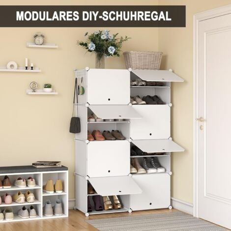 WOLTU Scarpiera da Ingresso. Porta Scarpe con 8 Scomparti. Scarpiera Modulare per 32 Paia di Scarpe. Contenitore per Scarpe con Porte. in Plastica e Metallo. Bianco