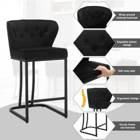 WOLTU Set di 4 Sgabelli da Bar con Schienale. Sedie Sala da Pranzo con Poggiapiedi. Sedie Ergonomica per Cucina. Camera da Letto. Soggiorno. Sedie in Velluto e Gambe in Metallo. Nero