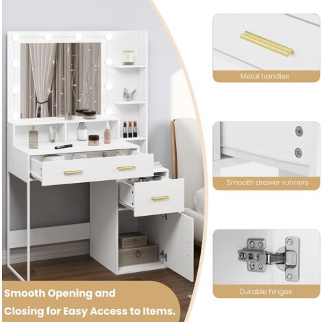 GarveeHome Scrivania Toeletta Con Specchio LED E Sedia – 3 Colori Luce – Stazione Di Ricarica Integrata - 2