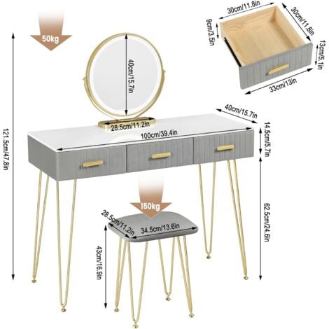 WOLTU 2-IN-1 Toeletta Trucco con Sgabello, Postazione Trucco con Specchio  LED Girevole a 360