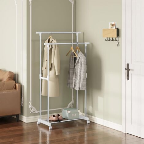 WOLTU Stand Appendiabiti Portabiti con Ruote da Terra Doppia Asta Attacapanni (75,5–151,5)x(94–171)x42 cm, Argentato+Bianco