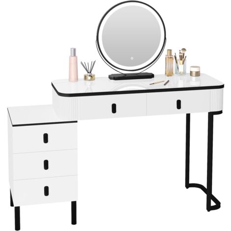 WOLTU Postazione Trucco, Toeletta con con 5 Cassetti, con Luci Dimmerabili, Specchio Ampio, per Camera da Letto, Stile Moderno, Bianco+Nero
