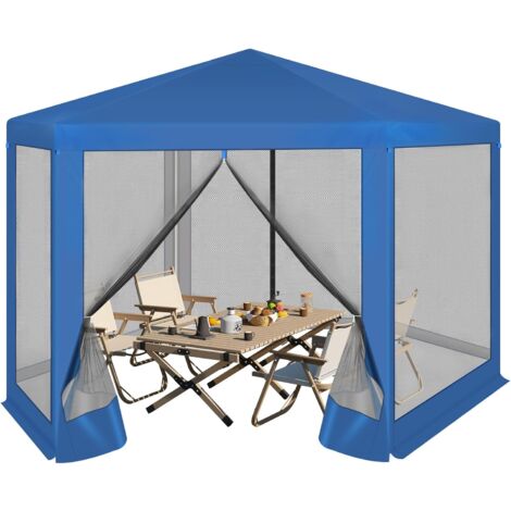 WOLTU Gazebo da Esterni, con Pareti Laterali a Zanzariera, Esagonale, 3,8x3,3m, Blu