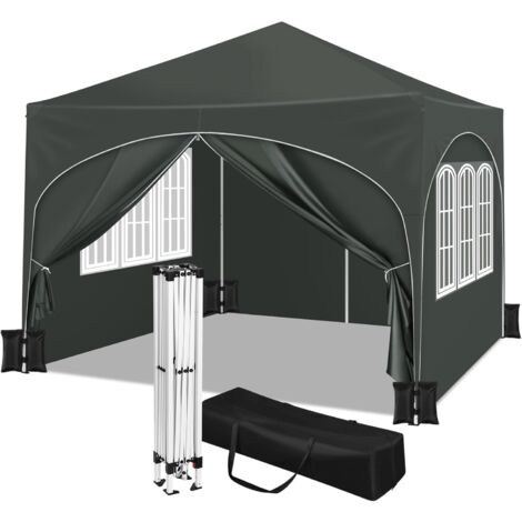 WOLTU Gazebo Giardino 3x3 M Impermeabile Pieghevole Terrazzo Esterno Richiudibile, Grigio +Set di 4 Sacchi di Sabbia