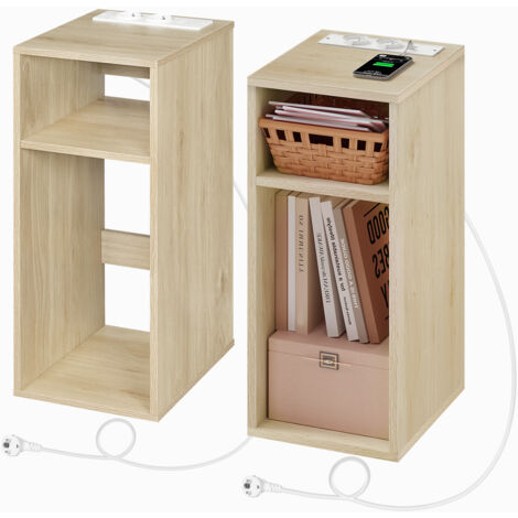 WOLTU 2x comodino con prese di ricarica, 2 porte USB, 2 prese, 2 scomparti aperti, tavolino portaoggetti, rovere chiaro