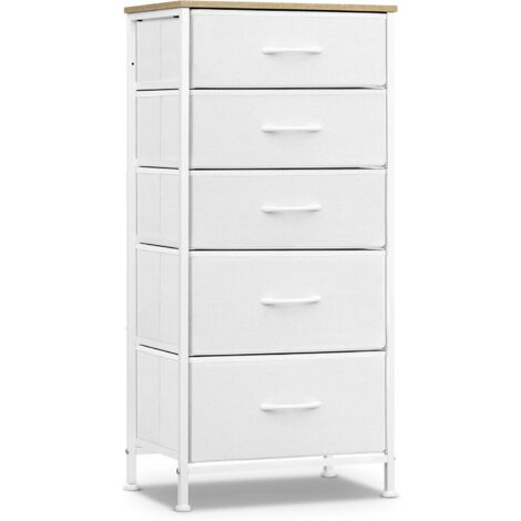 WOLTU Cassettiera 5 Cassetti in Tessuto, Bianco Nuvola + Beige Rovere