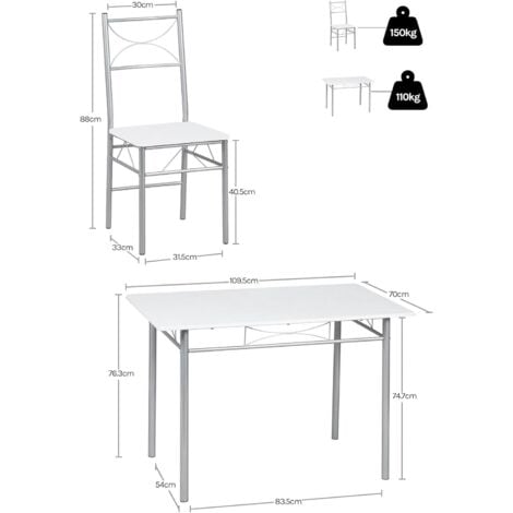 WOLTU Set da Tavolo Industriale e 4 Sedie, Bianco + Argento