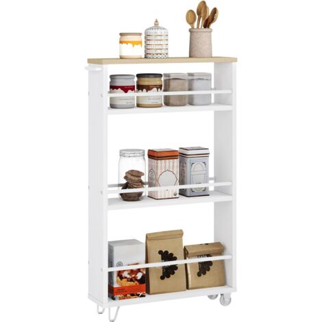 WOLTU Carrello Carrellino Slim Salvaspazio Cucina Bagno Ripostiglio a 3 Ripianie, Rovere Chiaro + Bianco
