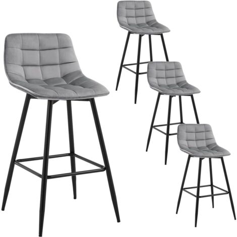 WOLTU Set di 4 sgabelli da bar con poggiapiedi, sgabello da bar/bistrot, seduta in velluto, gambe in metallo, grigio chiaro