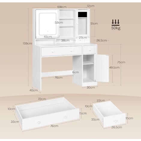 Gurexl 3 in 1 Toeletta con Specchio Pieghevole,Piccola Vanity con 4 Scomparti e Sgabello Imbottito,tavolo da toeletta per trucco ragazza,salvaspazio,per la Camera da,toeletta trucco,Grigio