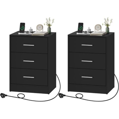 WOLTU Set 2 Comodini Camera da Letto Comodino Moderno da Notte con 3 Cassetti Tavolino Laterale da Divano Salotto Cassettiera Cameretta Nero