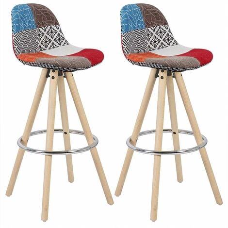 WOLTU Sgabelli da Bar Sedia Cucina con Schienale Tessuto di Lino Gambe Legno 2PZ Patchwork 1 in Tessuto di Lino